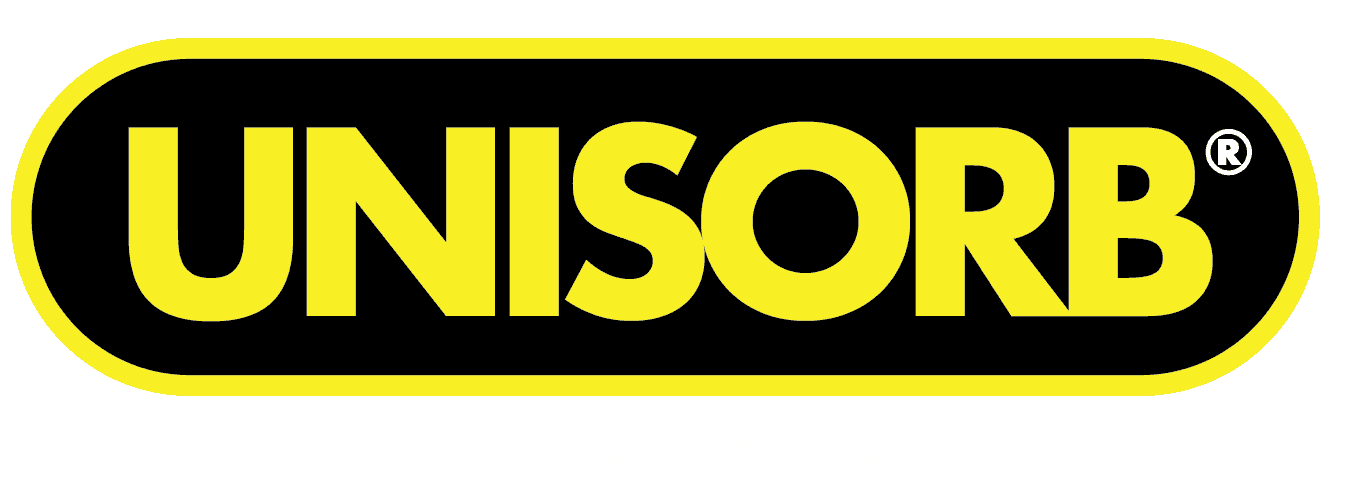 The image shows a logo with "UNISORB" in bold yellow letters on a black oval background. Below, "INSTALLATION SOLUTIONS" is written in smaller yellow letters on a gray background.