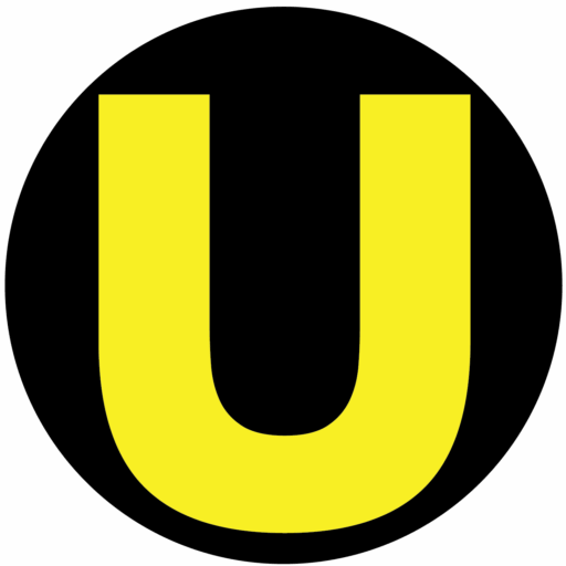A large, bold, yellow letter "U" centered on a solid black background.