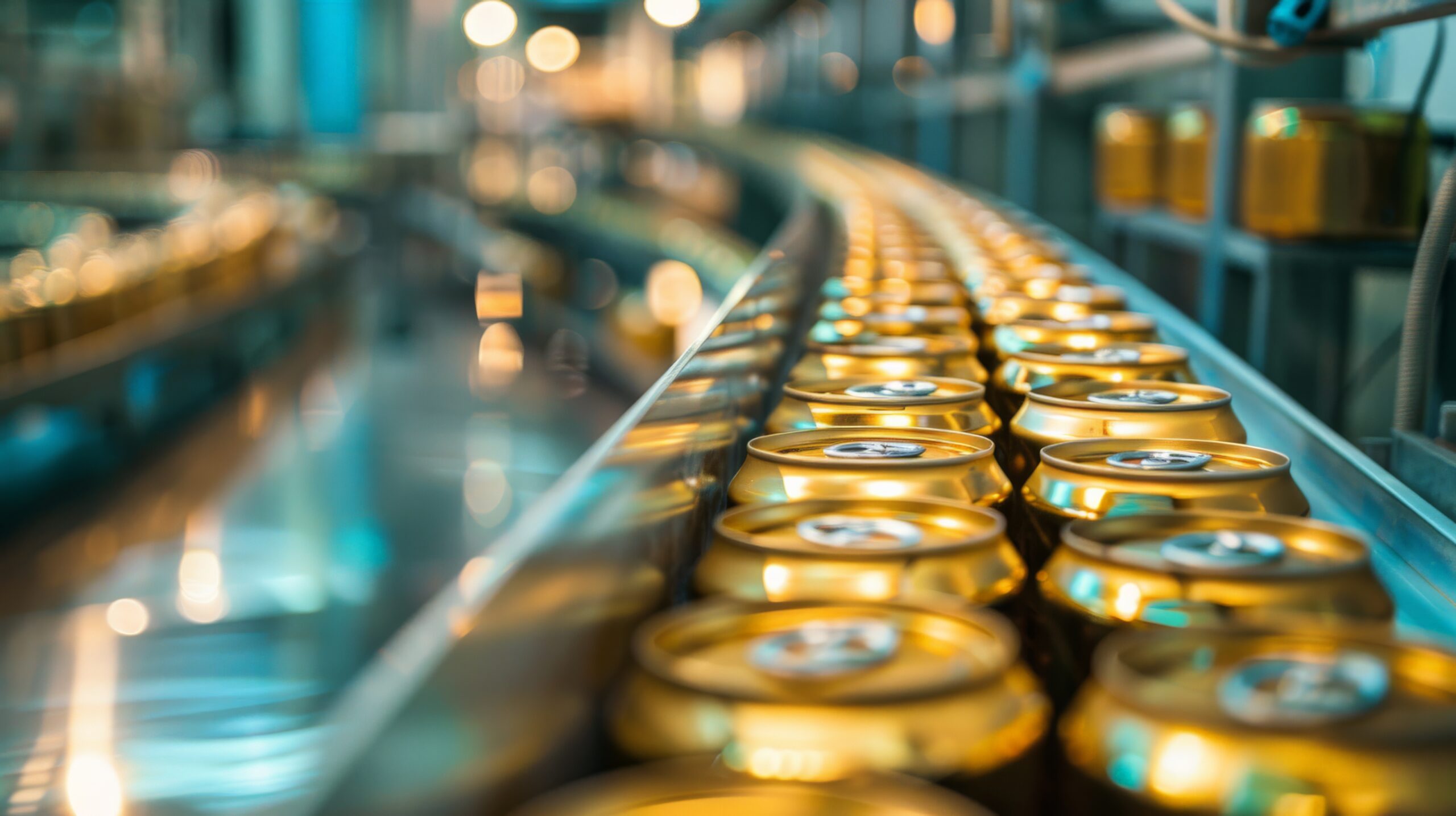 Golden cans move along a conveyor belt in a beverage factory, with a soft focus on the background, highlighting the industrial production process and the shiny metallic surfaces of the cans.