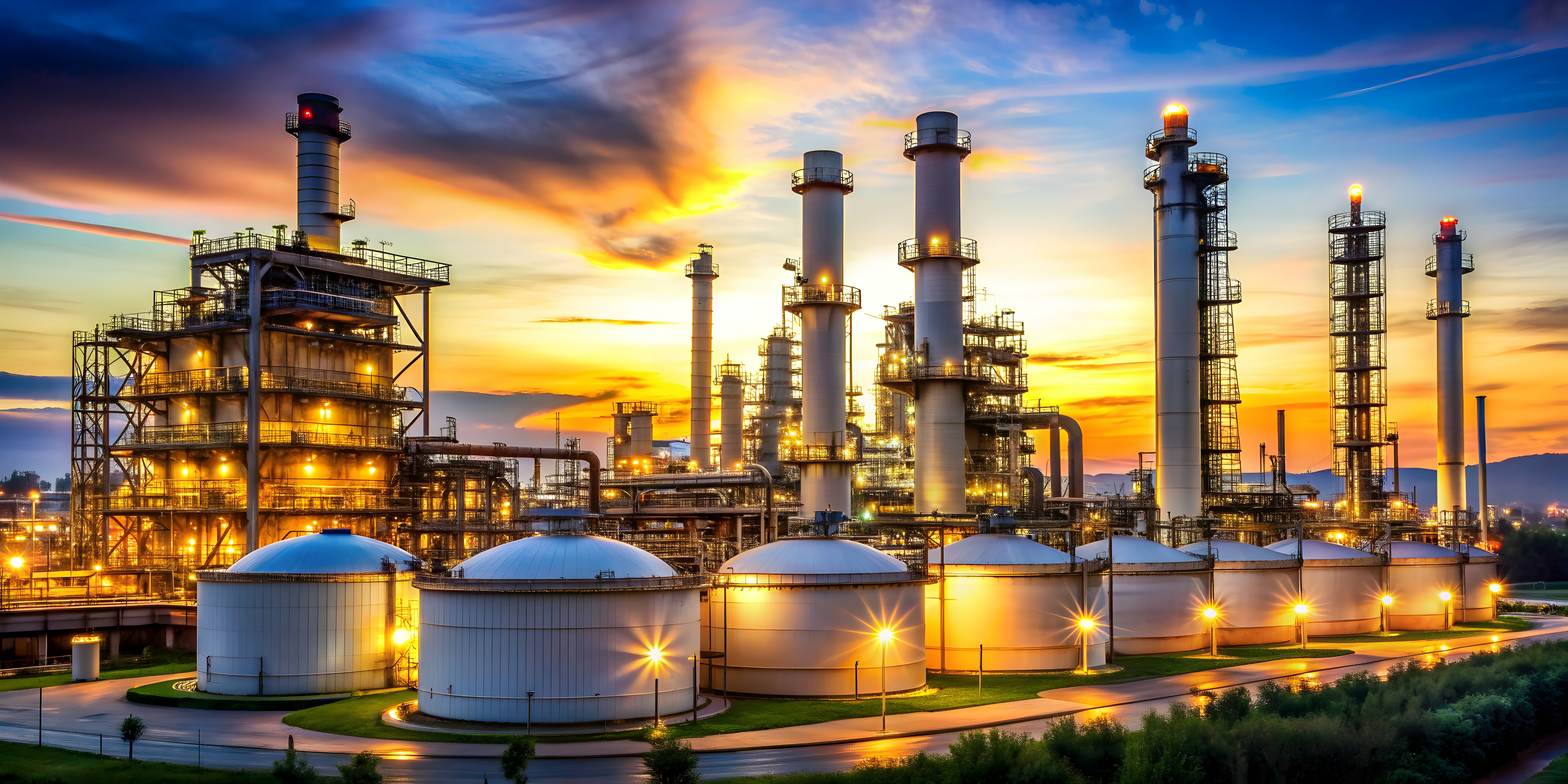 A large oil refinery with tall towers and round storage tanks is brightly lit at sunset, with colorful clouds in the sky and green grass surrounding the industrial complex.