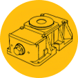 Line drawing of a mechanical gearbox or industrial machine component, shown in black on a yellow circular background.