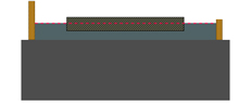 A side-view diagram shows a dark rectangular object floating in liquid, partially submerged, with a dotted red line indicating the liquid surface. Two vertical brown bars are on either end of the container.