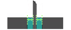 Diagram showing a vertical black object inserted into a horizontal dark surface, with green arrows and dashed lines indicating the gap or spacing around the object within a rectangular hole.