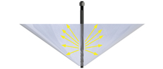 A gray umbrella seen from above, with yellow arrows radiating outward from the umbrella's center, illustrating the spreading of something from the center.
