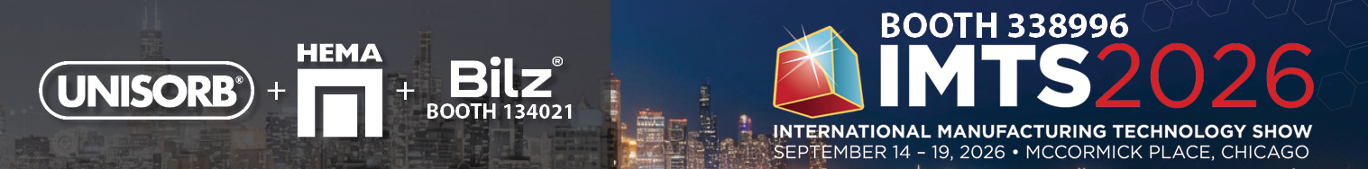 Banner promoting IMTS 2026 in Chicago, featuring Unisorb, HEMA, and Bilz logos with booth numbers and event details on a cityscape background.