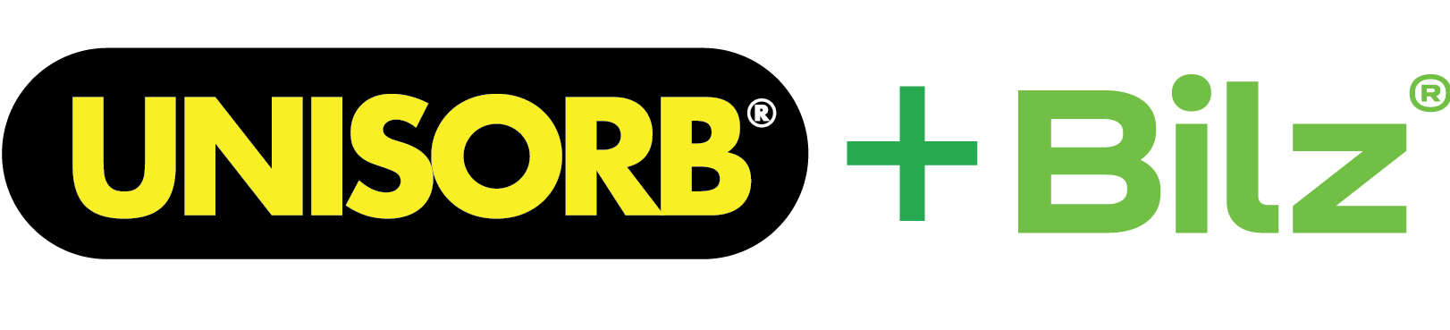 UNISORB logo in yellow on black background next to green Bilz logo with a plus sign between them, both featuring registered trademark symbols.